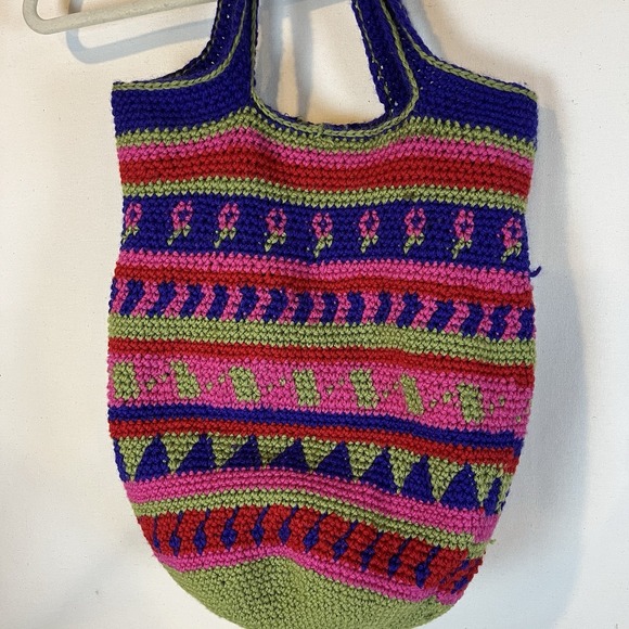 Hand Crocheted Purse Shoulder Bag Purple Pink Green Red Lined Well Made Boho - Picture 4 of 11